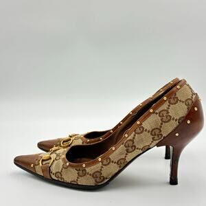 5.5 Gucci GG Canvas Horsebit Studded Pumps Brown Leather Trim